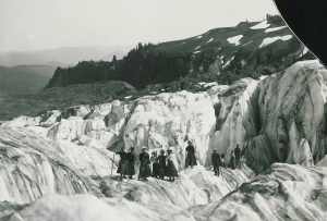 Marie Lutkins Drussel (in white hat) with friends on a Mt. Rainier glacier