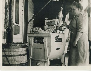 Maren Christensen checking out her new washer. 