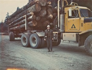 Dick Taylor with load of Weyerhaeuser wood, 1970