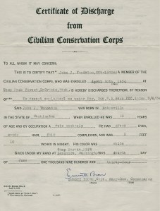 John Van Eaton's Letter of Discharge from the CCC in 1934
