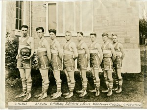 1923 Winning Basketball team — D. Hakel, A.E. Duke, D. Matheny, E. Elmlund, L. James, D. Christensen, R. Williams and C. Halverson